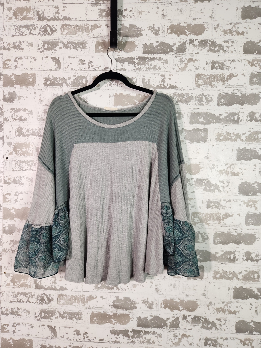 Hummingbird Boho Gray and Teal Mixed-Media Bell Sleeve Tunic